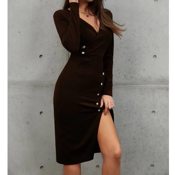 Boho navy blue button detail asymmetrical hem wrap dress - Picture 2 of 14